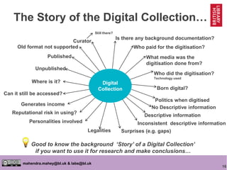 16
mahendra.mahey@bl.uk & labs@bl.uk
The Story of the Digital Collection…
Digital
Collection
Curator
Who paid for the digitisation?
Who did the digitisation?
Technology used
Born digital?
Published
Unpublished
Where is it?
Can it still be accessed?
Generates income
Reputational risk in using?
Legalities
Politics when digitised
Personalities involved
Surprises (e.g. gaps)
Descriptive information
Old format not supported
What media was the
digitisation done from?
Is there any background documentation?
No Descriptive information
Inconsistent descriptive information
Still there?
Good to know the background ‘Story’ of a Digital Collection’
if you want to use it for research and make conclusions…
 