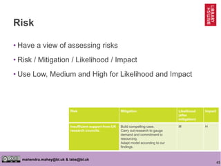 45
mahendra.mahey@bl.uk & labs@bl.uk
Risk
• Have a view of assessing risks
• Risk / Mitigation / Likelihood / Impact
• Use Low, Medium and High for Likelihood and Impact
Risk Mitigation Likelihood
(after
mitigation)
Impact
Insufficient support from UK
research councils.
Build compelling case.
Carry out research to gauge
demand and commitment to
resourcing.
Adapt model according to our
findings.
M H
 