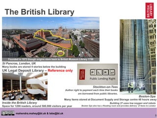 5
mahendra.mahey@bl.uk & labs@bl.uk
The British Library
Inside the British Library
Space for 1200 readers, around 500,000 visitors per year
Building 37 uses low oxygen and robots
Boston Spa also has a Reading room and provides delivery of items to London
Many items stored at Document Supply and Storage centre 48 hours away
Stockton-on-Tees
Author right to payment each time their books
are borrowed from public libraries.
St Pancras, London, UK
Many books are stored 4 stories below the building
UK Legal Deposit Library – Reference only
Founded in 1973 though origins stem back to British Museum Library 1759
Boston-Spa
 