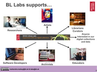 6
mahendra.mahey@bl.uk & labs@bl.uk
BL Labs supports…
Researchers
https://goo.gl/WutNyi
Artists
http://goo.gl/nNKhQ2
Librarians
Curators
https://goo.gl/9NWZUW
Software Developers
https://goo.gl/7QQ5Tf
Archivists
https://goo.gl/x7b4tg
Educators
https://goo.gl/qh01Mi
Anyone
interested in our
digital collections
and data
 