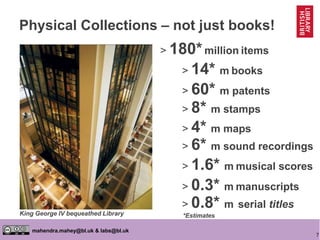 7
mahendra.mahey@bl.uk & labs@bl.uk
Physical Collections – not just books!
> 180*million items
> 0.8* m serial titles
> 8* m stamps
> 14* m books
> 6* m sound recordings
> 4* m maps
> 1.6* m musical scores
> 0.3* m manuscripts
> 60* m patents
King George IV bequeathed Library *Estimates
 