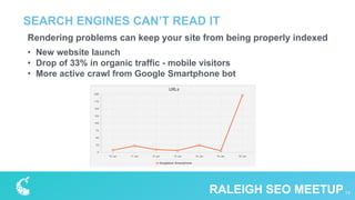 Rendering problems can keep your site from being properly indexed
SEARCH ENGINES CAN’T READ IT
13RALEIGH SEO MEETUP
• New website launch
• Drop of 33% in organic traffic - mobile visitors
• More active crawl from Google Smartphone bot
 