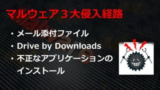 マルウェア３大侵入経路
• メール添付ファイル
• Drive by Downloads
• 不正なアプリケーションの
インストール
 