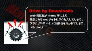 Drive by Downloads
Web 閲覧者が iframe 等により、
悪意のあるWebサイトにアクセスしてしまう。
ブラウザやアドオンの脆弱性を突かれてしまう。
（Exploit）
 