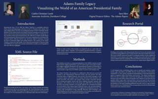 Adams Family Legacy 
Visualizing the World of an American Presidential Family 
Caitlin Christian-Lamb 
Associate Archivist, Davidson College 
While an earlier version of the timeline was displayed only as a static table, this 
newly created Adams Timeline (www.masshist.org/adams/timeline) visualizes 
temporal information and allows for the analysis of the intersection and overlapping 
of interrelated events. 
Sara Sikes 
Digital Projects Editor,  e Adams Papers 
Introduction 
Spanning the years 1735 to 1889, the Adams Timeline is a searchable collection 
of key events and happenings in the lives of 2nd U.S. President John Adams, First 
Lady Abigail Adams and three succeeding generations of their immediate family. 
Members of the Adams family were deeply involved a tumultuous era of American 
history and were keen observers of national and domestic politics, as well as day-to-day 
activities on their beloved family farm.  e collection of Adams Family Papers 
at the Massachusetts Historical Society is the most comprehensive and historically 
complete family collection held by any American cultural institution, forming 
the basis of numerous digital and analog resources.  e creation of the Adams 
Timeline achieves the dual results of an interactive presentation of historical data 
and ful llment of a need in the research community to readily access biographical 
info and collection highlights. 
Research Portal 
Residing on the website of the Massachusetts Historical Society, the timeline acts as 
a portal for locating di erent types of Adams family information held by the Society. 
 is was an initially unforeseen bene t of creating the timeline, but the addition of 
hyperlinks to transcriptions and images of original documents allowed for ready 
access to related materials, including collections of letters and transcriptions, images 
of diary entries and annotated documents from our Adams Papers Digital Edition. 
Conclusions 
A well-designed data visualization allows users to quickly spot patterns, trends, 
clusters, gaps and outliers and ful lls Maureen Stone’s de nition of information 
visualization, as “the creation of graphical representations of data that harness the 
pattern-recognition skills of the human visual system.”1  e Adams timeline now 
allows for users to readily make connections through time, understand relations 
between events and within context and quickly scan a dataset in ways that were not 
possible within a static table. It also provides a new access point to the vast body 
of historical material housed at the Massachusetts Historical Society. We envision 
the timeline as a  rst step in building additional web tools, such as a map of Adams 
family residences or a visualization of the correspondence nework of a family deeply 
connected to early American history. 
1 Maureen Stone, “Information Visualization: Challenge for the Humanities,” Working Together or 
Apart: Promoting the Next Generation of Digital Scholarship, 145:43–56 (March 2009). Available at 
www.clir.org/pubs/resources/promoting-digital-scholarship-ii-clir-neh/stone11_11.pdf . 
event 
start=“Oct 25 1764 00:00:00 GMT-0500” 
title=“JA and AA Marry” 
span class=“displayDate”25 October 1764/span 
img class=“illustration” src=“IMAGE_FOLDER/abigailsmall.jpg” alt=“Portrait of Abigail Adams” title=“Painted 
circa 1766 by Benjamin Blyth.” / 
img class=“illustration” src=“IMAGE_FOLDER/johnsmall.jpg” alt=“Portrait of John Adams” title=“Painted 
circa 1766 by Benjamin Blyth.” / 
p 
person c d=“adams-john1735”John Adams/person and person c d=“adams-abigail1744”Abigail Smith/ 
person marry in Weymouth, Mass. 
/p 
p 
Object of the Month, March 2008: a href=“/objects/2008march.cfm” target=”_blank” title=“Click to open in a 
new browser window.”  
Blyth Portraits. 
/a 
/p 
/event 
event 
start=“Aug 01 1765 00:00:00 GMT-0500” 
end=“Mon Oct 31 1765 00:00:00 GMT-0500” 
durationEvent=“true” 
title=“JA Publishes Dissertation on the Canon and the Feudal Law” 
span class=“displayDate”August#8211;October 1765/span 
p 
person c d=“adams-john1735”John Adams/person publishes “Dissertation on the Canon and the Feudal 
Law” in the emBoston Gazette./em 
/p 
/event 
XML Source File 
Designed to handle speci c dates, time spans, events, images and links, the timeline 
is rendered from data in an underlying XML  le. Each individual is also encoded 
with a unique identi er, allowing for  ltering of events relevant to a key person and 
the creation of a focused timeline for an individual rather than the whole family. 
Methods 
 is timeline was built as a customized adaptation of the SIMILE timeline module 
(http://simile-widgets.org/timeline/), part of a suite of open-source data visualiza-tion 
widgets originally developed at the Massachusetts Institute of Technology. It 
is hosted by an HMTL document on the Massachusetts Historical Society website, 
which includes scripts from the SIMILE project to power to the timeline view. 
 e Adams Timeline is the product of a collaborative e ort between several sta 
members at the Massachusetts Historical Society, past and present: Sara Sikes 
(Associate Editor of Digital Projects), who served as the project manager, as well 
as research support and quality control; Caitlin Christian-Lamb (formerly a Re-search 
Associate), who acted as the primary XML encoder, researcher and  rst 
line of testing and quality control; and Travis Lilleberg (formerly Assistant Web 
Developer), who worked on the overall design and coded XSLT for the timeline. 
 e three core project members were greatly aided by the cumulative knowledge 
of several editors of the Adams Papers Editorial Project, who provided addition-al 
research, proofreading and revisions throughout the development process.  e 
Society’s Web Development Group, especially Bill Beck (Web Developer), also 
o ered feedback on the format and functionality of the timeline and facilitated its 
seamless integration in the institution’s redesigned website. 
