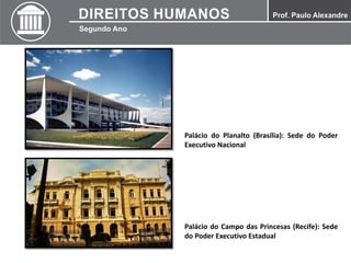Palácio do Planalto (Brasília): Sede do Poder
Executivo Nacional
Palácio do Campo das Princesas (Recife): Sede
do Poder Executivo Estadual
 
