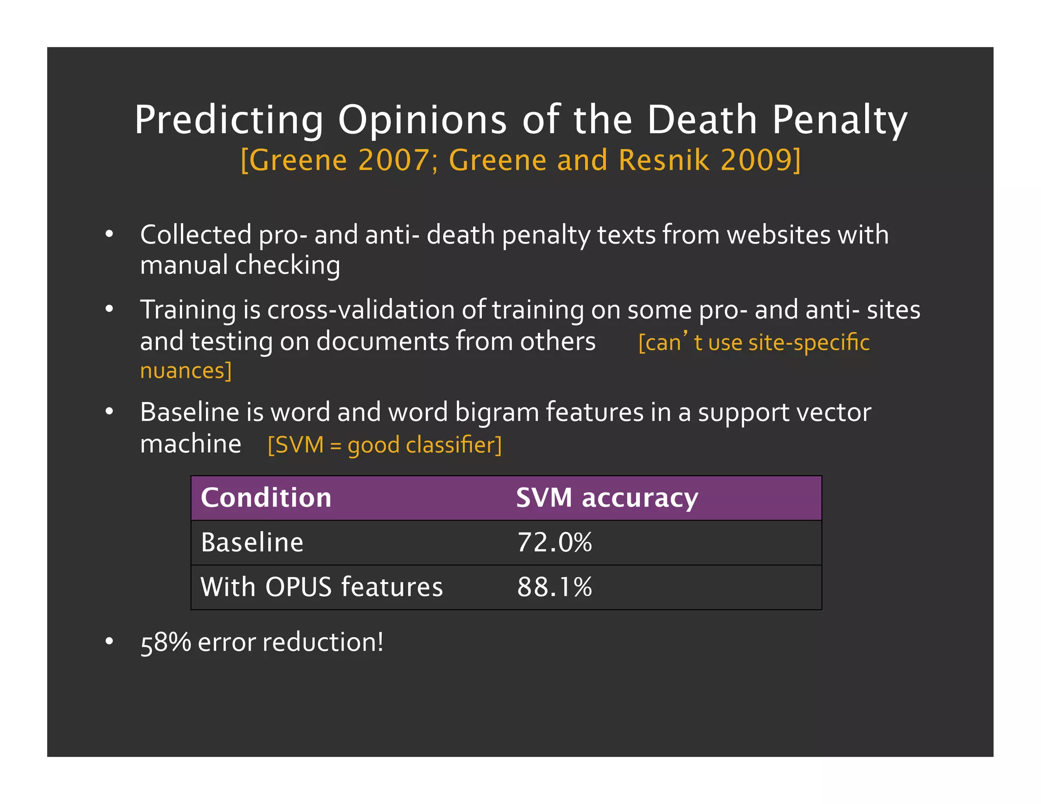 Predicting Opinions of the Death Penalty
                   [Greene 2007; Greene and Resnik 2009]

•  Collected	
  pro-­‐	
  and	
  anti-­‐	
  death	
  penalty	
  texts	
  from	
  websites	
  with	
  
   manual	
  checking	
  
•  Training	
  is	
  cross-­‐validation	
  of	
  training	
  on	
  some	
  pro-­‐	
  and	
  anti-­‐	
  sites	
  
   and	
  testing	
  on	
  documents	
  from	
  others	
  	
  	
  	
  	
  	
  	
  	
  [can t	
  use	
  site-­‐speciﬁc	
  
   nuances]	
  
•  Baseline	
  is	
  word	
  and	
  word	
  bigram	
  features	
  in	
  a	
  support	
  vector	
  
   machine	
  	
  	
  	
  	
  [SVM	
  =	
  good	
  classiﬁer]	
  
              Condition                                     SVM accuracy
              Baseline                                      72.0%
              With OPUS features                            88.1%

•  58%	
  error	
  reduction!	
  
 