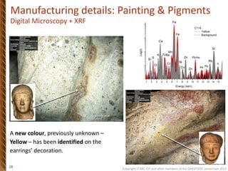 Copyright STARC-CYI and other members of the GRAVITATE consortium 2015
28
A new colour, previously unknown –
Yellow – has been identified on the
earrings’ decoration.
Manufacturing details: Painting & Pigments
Digital Microscopy + XRF
 