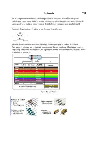 Resistencia VIII
Es un componente electrónico diseñado para causar una caída de tensión al flujo de
electricidad en un punto dado​; es uno de los componentes más usados en la electrónica. El
valor resistivo se mide en ohms y se usa el símbolo (Ω) y se representa con la letra R.
Dentro de los circuitos eléctricos se pueden usar dos diferentes
El valor de una resistencia de este tipo viene determinado por su código de colores
Para saber el valor de una resistencia tenemos que fijarnos que tiene 3 bandas de colores
seguidas y una cuarta más separada, las 3 primeras bandas nos dice su valor, la cuarta banda
nos indica la tolerancia.
Tipos de resistencias
 