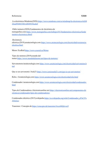Referencias ​ XXIII
.La.electrónica.Mindomo(2020):​https://www.mindomo.com/es/mindmap/la-electronica-6cbf4
26ea8944833861e0849538ea6ef
.Pablo turmero.(2020).Fundamentos de electrónica.de
monografias.com:​https://www.monografias.com/trabajos101/fundamentos-electronica/funda
mentos-electronica.shtml
.Resistencia
eléctrica.(2019).areatecnologia.com.​https://www.areatecnologia.com/electricidad/resistencia-
electrica.html
Motor./EcuRed:​https://www.ecured.cu/Motor
Tipos de motores.(2019),mundo del
motor:​https://www.mundodelmotor.net/tipos-de-motores/
Servomotores/areatecnologia.com:​https://www.areatecnologia.com/electricidad/servomotor.h
tml
Que es un servomotor./Aula21:​https://www.cursosaula21.com/que-es-un-servomotor/
Reles./.Areatecnologia.com:​https://www.areatecnologia.com/electricidad/rele.html
Condensador./areatecnologia.com:​https://www.areatecnologia.com/electricidad/condensador.
html
Tipos.de.Condensadores./electronicaonline.net:​https://electronicaonline.net/componentes-ele
ctronicos/condensador/tipos-de-condensadores/
Condensador.eléctrico.(2015),wikipedia:​https://es.wikipedia.org/wiki/Condensador_el%C3%
A9ctrico
Transistor./ Concepto.de:​https://concepto.de/transistor/#ixzz6bQrivsx9
 