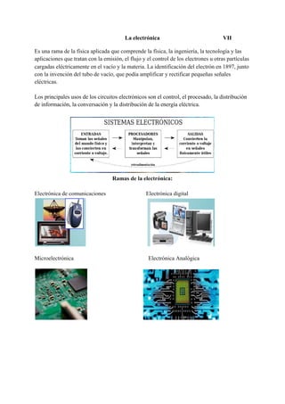 La electrónica VII
Es una rama de la física aplicada que comprende la física, la ingeniería, la tecnología y las
aplicaciones que tratan con la emisión, el flujo y el control de los electrones u otras partículas
cargadas eléctricamente en el vacío y la materia. La identificación del electrón en 1897, junto
con la invención del tubo de vacío, que podía amplificar y rectificar pequeñas señales
eléctrica​s.
Los principales usos de los circuitos electrónicos son el control, el procesado, la distribución
de información, la conversación y la distribución de la energía eléctrica.
Ramas de la electrónica:
Electrónica de comunicaciones Electrónica digital
Microelectrónica Electrónica Analógica
 