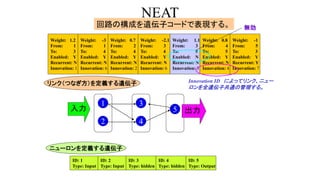 NEAT
回路の構成を遺伝子コードで表現する。
Weight: 1.2
From: 1
To: 3
Enabled: Y
Recurrent: N
Innovation: 1
Weight: -3
From: 1
To: 4
Enabled: Y
Recurrent: N
Innovation: 6
Weight: 0.7
From: 2
To: 4
Enabled: Y
Recurrent: N
Innovation: 2
Weight: -2.1
From: 3
To: 4
Enabled: Y
Recurrent: N
Innovation: 6
Weight: 1.1
From: 3
To: 5
Enabled: N
Recurrent: N
Innovation: 3
Weight: 0.8
From: 4
To: 5
Enabled: Y
Recurrent: N
Innovation: 4
Weight: -1
From: 5
To: 3
Enabled: Y
Recurrent: Y
Innovation: 7
ID: 1
Type: Input
ID: 2
Type: Input
ID: 3
Type: hidden
ID: 4
Type: hidden
ID: 5
Type: Output
2
1
4
3
5
リンク（つなぎ方）を定義する遺伝子
ニューロンを定義する遺伝子
Innovation ID によってリンク、ニュー
ロンを全遺伝子共通の管理する。
無効
入力 出力
 