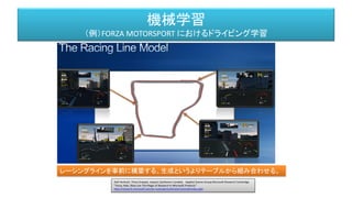 機械学習
（例）FORZA MOTORSPORT におけるドライビング学習
Ralf Herbrich, Thore Graepel, Joaquin Quiñonero Candela Applied Games Group,Microsoft Research Cambridge
"Forza, Halo, Xbox Live The Magic of Research in Microsoft Products"
http://research.microsoft.com/en-us/projects/drivatar/ukstudentday.pptx
レーシングラインを事前に構築する。生成というよりテーブルから組み合わせる。
 
