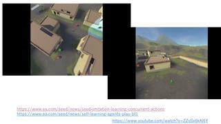 • https://www.ea.com/seed/news/self-learning-agents-play-
bf1
https://www.ea.com/seed/news/seed-imitation-learning-concurrent-actions
https://www.ea.com/seed/news/self-learning-agents-play-bf1
https://www.youtube.com/watch?v=ZZsSx6kAi6Y
 