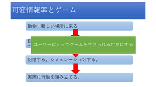 可変情報率とゲーム
動物：新しい場所に来る
自分がそこでどんな行動可能性を持っているか調
べる
記憶する。シミュレーションする。
実際に行動を組み立てる。
ユーザーにとってゲームを生きられる世界にする
 