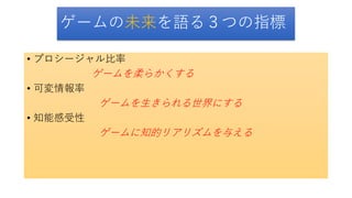 ゲームの未来を語る３つの指標
• プロシージャル比率
ゲームを柔らかくする
• 可変情報率
ゲームを生きられる世界にする
• 知能感受性
ゲームに知的リアリズムを与える
 