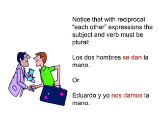 Notice that with reciprocal
“each other” expressions the
subject and verb must be
plural:

Los dos hombres se dan la
mano.

Or

Eduardo y yo nos damos la
mano.
 