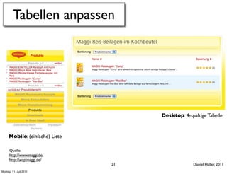 Tabellen anpassen




                                     Desktop: 4-spaltige Tabelle


     Mobile: (einfache) Liste

      Quelle:
      http://www.maggi.de/
      http://wap.maggi.de/
                                21                 Daniel Haller, 2011
Montag, 11. Juli 2011
 