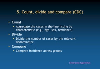 5. Count, divide and compare (CDC)
• Count
 Aggregate the cases in the line listing by
characteristic (e.g., age, sex, residence)
• Divide
 Divide the number of cases by the relevant
denominator
• Compare
 Compare incidence across groups
Generating hypotheses
 