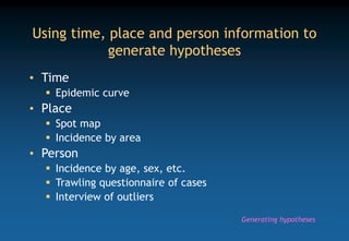Using time, place and person information to
generate hypotheses
• Time
 Epidemic curve
• Place
 Spot map
 Incidence by area
• Person
 Incidence by age, sex, etc.
 Trawling questionnaire of cases
 Interview of outliers
Generating hypotheses
 