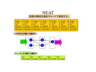 NEAT
回路の構成を遺伝子コードで表現する。
Weight: 1.2
From: 1
To: 3
Enabled: Y
Recurrent: N
Innovation: 1
Weight: -3
From: 1
To: 4
Enabled: Y
Recurrent: N
Innovation: 6
Weight: 0.7
From: 2
To: 4
Enabled: Y
Recurrent: N
Innovation: 2
Weight: -2.1
From: 3
To: 4
Enabled: Y
Recurrent: N
Innovation: 6
Weight: 1.1
From: 3
To: 5
Enabled: N
Recurrent: N
Innovation: 3
Weight: 0.8
From: 4
To: 5
Enabled: Y
Recurrent: N
Innovation: 4
Weight: -1
From: 5
To: 3
Enabled: Y
Recurrent: Y
Innovation: 7
ID: 1
Type: Input
ID: 2
Type: Input
ID: 3
Type: hidden
ID: 4
Type: hidden
ID: 5
Type: Output
2
1
4
3
5
つなぎ方を定義する遺伝子
ニューロンを定義する遺伝子
入力 出力
 