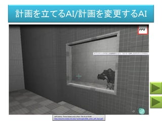 計画を立てるＡＩ/計画を変更するＡＩ
Jeff Orkins, Three States and a Plan: The AI of FEAR
http://alumni.media.mit.edu/~jorkin/gdc2006_orkin_jeff_fear.pdf
 