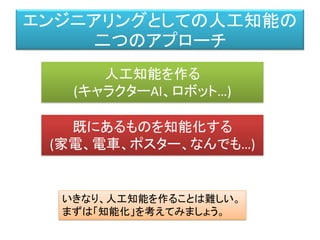 エンジニアリングとしての人工知能の
二つのアプローチ
人工知能を作る
(キャラクターAI、ロボット…)
既にあるものを知能化する
(家電、電車、ポスター、なんでも…)
いきなり、人工知能を作ることは難しい。
まずは「知能化」を考えてみましょう。
 