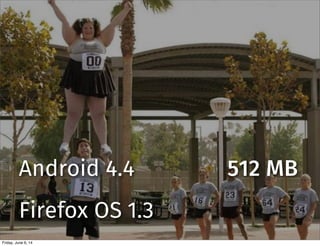 Android 4.4
Firefox OS 1.3
512 MB
Friday, June 6, 14
 