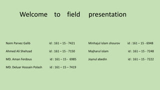Welcome to field presentation
Naim Parvez Galib id : 161 – 15 - 7421
Ahmed Ali Shehzad id : 161 – 15 - 7150
MD. Aman Ferdous id : 161 – 15 - 6985
MD. Deluar Hossain Polash id : 161 – 15 – 7419
Minhajul islam shourov id : 161 – 15 - 6948
Majharul islam id : 161 – 15 - 7248
Joynul abedin id : 161 – 15 - 7222
 