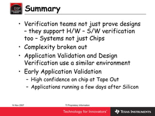 Summary
     • Verification teams not just prove designs
       – they support H/W – S/W verification
       too – Systems not just Chips
     • Complexity broken out
     • Application Validation and Design
       Verification use a similar environment
     • Early Application Validation
              – High confidence on chip at Tape Out
              – Applications running a few days after Silicon


14 Nov 2007                   TI Proprietary Information
 