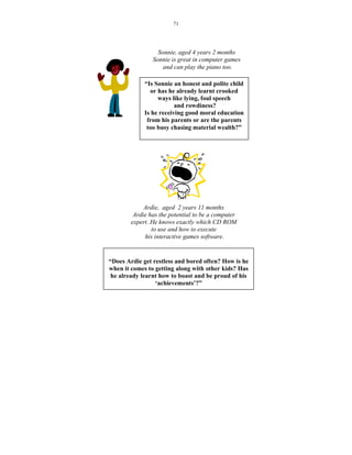 71




                  Sonnie, aged 4 years 2 months
                Sonnie is great in computer games
                    and can play the piano too.

             “Is Sonnie an honest and polite child
               or has he already learnt crooked
                  ways like lying, foul speech
                         and rowdiness?
             Is he receiving good moral education
              from his parents or are the parents
              too busy chasing material wealth?”




             Ardie, aged 2 years 11 months
         Ardie has the potential to be a computer
        expert. He knows exactly which CD ROM
                to use and how to execute
             his interactive games software.


“Does Ardie get restless and bored often? How is he
when it comes to getting along with other kids? Has
 he already learnt how to boast and be proud of his
                 ‘achievements’?”
 
