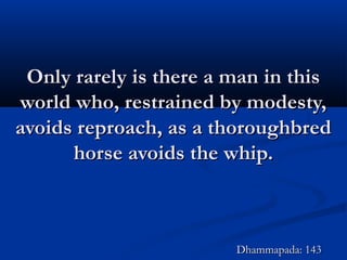 Only rarely is there a man in thisOnly rarely is there a man in this
world who, restrained by modesty,world who, restrained by modesty,
avoids reproach, as a thoroughbredavoids reproach, as a thoroughbred
horse avoids the whip.horse avoids the whip.
Dhammapada: 143Dhammapada: 143
 