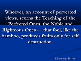 Whoever, on account of pervertedWhoever, on account of perverted
views, scorns the Teaching of theviews, scorns the Teaching of the
Perfected Ones, the Noble andPerfected Ones, the Noble and
Righteous Ones — that fool, like theRighteous Ones — that fool, like the
bamboo, produces fruits only for selfbamboo, produces fruits only for self
destruction.destruction.
Dhammapada: 164Dhammapada: 164
 
