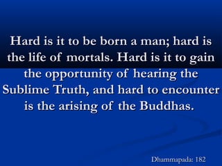 Hard is it to be born a man; hard isHard is it to be born a man; hard is
the life of mortals. Hard is it to gainthe life of mortals. Hard is it to gain
the opportunity of hearing thethe opportunity of hearing the
Sublime Truth, and hard to encounterSublime Truth, and hard to encounter
is the arising of the Buddhas.is the arising of the Buddhas.
Dhammapada: 182Dhammapada: 182
 