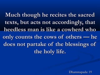 Much though he recites the sacredMuch though he recites the sacred
texts, but acts not accordingly, thattexts, but acts not accordingly, that
heedless man is like a cowherd whoheedless man is like a cowherd who
only counts the cows of others — heonly counts the cows of others — he
does not partake of the blessings ofdoes not partake of the blessings of
the holy life.the holy life.
Dhammapada: 19Dhammapada: 19
 