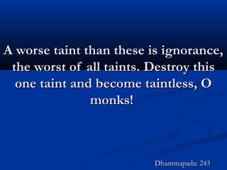 A worse taint than these is ignorance,A worse taint than these is ignorance,
the worst of all taints. Destroy thisthe worst of all taints. Destroy this
one taint and become taintless, Oone taint and become taintless, O
monks!monks!
Dhammapada: 243Dhammapada: 243
 
