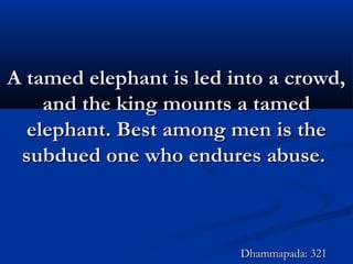 A tamed elephant is led into a crowd,A tamed elephant is led into a crowd,
and the king mounts a tamedand the king mounts a tamed
elephant. Best among men is theelephant. Best among men is the
subdued one who endures abuse.subdued one who endures abuse.
Dhammapada: 321Dhammapada: 321
 