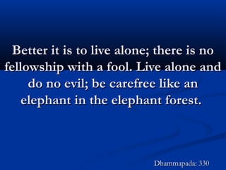 Better it is to live alone; there is noBetter it is to live alone; there is no
fellowship with a fool. Live alone andfellowship with a fool. Live alone and
do no evil; be carefree like ando no evil; be carefree like an
elephant in the elephant forest.elephant in the elephant forest.
Dhammapada: 330Dhammapada: 330
 
