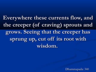 Everywhere these currents flow, andEverywhere these currents flow, and
the creeper (of craving) sprouts andthe creeper (of craving) sprouts and
grows. Seeing that the creeper hasgrows. Seeing that the creeper has
sprung up, cut off its root withsprung up, cut off its root with
wisdom.wisdom.
Dhammapada: 340Dhammapada: 340
 