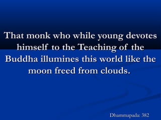 That monk who while young devotesThat monk who while young devotes
himself to the Teaching of thehimself to the Teaching of the
Buddha illumines this world like theBuddha illumines this world like the
moon freed from clouds.moon freed from clouds.
Dhammapada: 382Dhammapada: 382
 