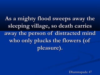 As a mighty flood sweeps away theAs a mighty flood sweeps away the
sleeping village, so death carriessleeping village, so death carries
away the person of distracted mindaway the person of distracted mind
who only plucks the flowers (ofwho only plucks the flowers (of
pleasure).pleasure).
Dhammapada: 47Dhammapada: 47
 