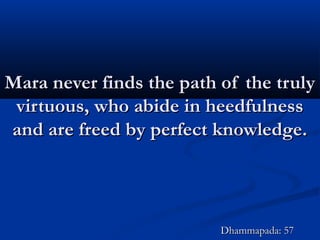 Mara never finds the path of the trulyMara never finds the path of the truly
virtuous, who abide in heedfulnessvirtuous, who abide in heedfulness
and are freed by perfect knowledge.and are freed by perfect knowledge.
Dhammapada: 57Dhammapada: 57
 