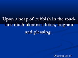 Upon a heap of rubbish in the road-Upon a heap of rubbish in the road-
side ditch blooms a lotus, fragrantside ditch blooms a lotus, fragrant
and pleasing.and pleasing.
Dhammapada: 58Dhammapada: 58
 