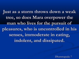 Just as a storm throws down a weakJust as a storm throws down a weak
tree, so does Mara overpower thetree, so does Mara overpower the
man who lives for the pursuit ofman who lives for the pursuit of
pleasures, who is uncontrolled in hispleasures, who is uncontrolled in his
senses, immoderate in eating,senses, immoderate in eating,
indolent, and dissipated.indolent, and dissipated.
Dhammapada: 7Dhammapada: 7
 
