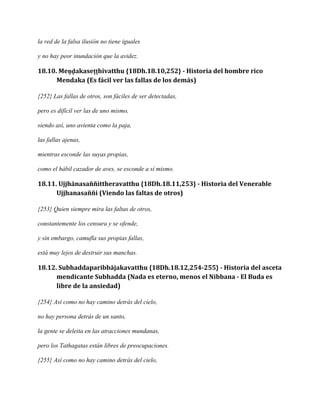 la red de la falsa ilusión no tiene iguales
y no hay peor inundación que la avidez.

18.10. Meṇḍakaseṭṭhivatthu {18Dh.18.10,252} - Historia del hombre rico
Mendaka (Es fácil ver las fallas de los demás)
{252} Las fallas de otros, son fáciles de ser detectadas,
pero es difícil ver las de uno mismo,
siendo así, uno avienta como la paja,
las fallas ajenas,
mientras esconde las suyas propias,
como el hábil cazador de aves, se esconde a sí mismo.

18.11. Ujjhānasaññittheravatthu {18Dh.18.11,253} - Historia del Venerable
Ujjhanasaññi (Viendo las faltas de otros)
{253} Quien siempre mira las faltas de otros,
constantemente los censura y se ofende,
y sin embargo, camufla sus propias fallas,
está muy lejos de destruir sus manchas.

18.12. Subhaddaparibbājakavatthu {18Dh.18.12,254-255} - Historia del asceta
mendicante Subhadda (Nada es eterno, menos el Nibbana - El Buda es
libre de la ansiedad)
{254} Así como no hay camino detrás del cielo,
no hay persona detrás de un santo,
la gente se deleita en las atracciones mundanas,
pero los Tathagatas están libres de preocupaciones.
{255} Así como no hay camino detrás del cielo,

 