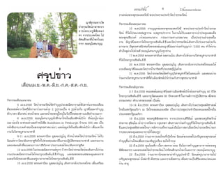 ธรรมรัตน์ Dhammaratana ธรรมรัตน์ Dhammaratana8 9
กิจกรรมเดือนเมษายน
	 5 เม.ย.2558 วัดป่าธรรมรัตน์จัดทำ�บุญประเพณีสงกรานต์สัปดาห์แรกของเดือน
มีพระสงฆ์จากวัดศรีลังกามาร่วมงานด้วย 2 รูปรวมเป็น 4 รูปด้วยกัน ญาติโยมมาทำ�บุญ
ตักบาตร ฟังเทศน์ สรงน้ำ�พระ และรดน้ำ�ขอพรผู้ใหญ่ในวันปีใหม่ของชาวเอเชียจำ�นวนมาก
	 6 เม.ย.2558 ขออนุโมทนาบุญนักศึกษาไทยในเมืองพิทส์เบิร์ก มีน้องปุ้ย-น้อง
เนย-น้องโจ มาช่วยเข้าเล่มทำ�หนังสือ Buddhism in Pittsburgh จำ�นวน 300 เล่ม เป็น
หนังสือรวบรวมคำ�สอนในพระพุทธศาสนาย่อๆ และข้อมูลวัดในเมืองพิทส์เบิร์ก เพื่อแจกใน
งานวันวิสาขบูชานานาชาติ
	 9-11 เม.ย.2558 พระมหาปิยะ อุตฺตมปญฺโญ หัวหน้าสงฆ์วัดป่าธรรมรัตน์ ได้รับ
นิมนต์จากวัดนวมินทรราชูทิศให้ไปช่วยสอนสมาธิในงานปฏิบัติธรรมนานาชาติ และร่วมงาน
ฉลองสมณศักดิ์ของพระภาวนาวชิรวิเทศ ประธานสงฆ์วัดนวมินทรราชูทิศ
	 12 เม.ย.2558 ในประเพณีสงกรานต์ทุกๆ ปี ชาววัดป่าธรรมรัตน์จะเดินทางไปร่วม
งานประเพณีสงกรานต์วัดไทยกรุงวอชิงตัน,ดี.ซี.ทำ�บุญ และขอพรพระเดชพระคุณพระราช
มงคลรังษี(หลวงตาชี)และครูบาอาจารย์วัดไทยกรุงวอชิงตัน,ดี.ซี.
	 15 เม.ย.2558 พระมหาปิยะ อุตฺตมปญฺโญ เดินทางกลับประเทศไทย เพื่อเตรียม
งานหล่อพระพุทธมงคลรังษี พระประธานประจำ�วัดป่าธรรมรัตน์
	
กิจกรรมเดือนพฤษภาคม
	 10 พ.ค.2558 งานบุญหล่อพระพุทธมงคลรังษี พระประธานประจำ�วัดป่าธรรม
รัตน์ ที่วัดโปรดเกศเชษฐาราม จ.สมุทรปราการ ในงานได้รับเมตตาจากเจ้าประคุณสมเด็จ
พระพุทธชินวงศ์ เจ้าคณะหนกลาง กรรมการมหาเถรสมาคม เป็นประธานฝ่ายสงฆ์ใน
งาน มีญาติโยมจากวัดไทยกรุงวอชิงตัน,ดี.ซี.และวัดป่าธรรมรัตน์เดินทางไปร่วมงานด้วยกัน
มากมาย มีพุทธศาสนิกชนทั้งพระสงฆ์และญาติโยมมาร่วมทำ�บุญกว่า 3,000 คน ทำ�ให้งาน
สำ�เร็จลุล่วงไปด้วยดี ขออนุโมทนาบุญกับทุกท่าน
	 17 พ.ค.2558 พระมหาสายันต์ อคฺควณฺโณ เดินทางไปช่วยงานวิสาขบูชานานาชาติ
ที่วัดไทยกรุงวอชิงตัน,ดี.ซี.
	 20 พ.ค.2558 พระมหาปิยะ อุตฺตมปญฺโญ เดินทางกลับจากประเทศไทยและได้
แวะเยี่ยมญาติโยมและวัดปากน้ำ�นาริตะที่ประเทศญี่ปุ่นด้วย
	 31 พ.ค.2558 วัดป่าธรรมรัตน์จัดทำ�บุญวิสาขบูชาที่วัดในตอนเช้า และตอนบ่าย
ร่วมงานวิสาขบูชานานาชาติที่ตัวเมืองพิทส์เบิร์กร่วมกับชาวพุทธนานาชาติ
			
กิจกรรมเดือนมิถุนายน
	 2-7 มิ.ย.2558 คณะสงฆ์และญาติโยมชาวเมืองพิทส์เบิร์กช่วยงานทำ�บุญ 40 ปีวัด
ไทยกรุงวอชิงตัน,ดี.ซี. และอายุวัฒนมงคล 90 ปีหลวงตาชี ในงานมีการปฏิบัติธรรม ฟังพระ
ธรรมเทศนา ตักบาตรพระสงฆ์ เป็นต้น
	 10-14 มิ.ย.2558 พระมหาปิยะ อุตฺตมปญฺโญ เดินทางไปร่วมประชุมสมัชชาสงฆ์
ไทยในสหรัฐอเมริกา ณ วัดไทยลอสแองเจลิส เป็นการประชุมประจำ�ปีของคณะสงฆ์ไทยใน
ประเทศสหรัฐอเมริกา
	 19 มิ.ย.2558 พระครูพิพิธพลาทร จากจ.ประจวบคีรีขันธ์ และพระครูสังฆรักษ์
สามารถ สุจิณฺโณ เจ้าอาวาสวัดยาง กรุงเทพฯ เดินทางมาร่วมทำ�บุญที่วัดไทยกรุงวอชิงตัน,ดี.
ซี.และประชุมสมัชชาสงฆ์ไทยฯ หลังจากเสร็จงานแล้วถือโอกาสมาเยี่ยมวัดป่าธรรมรัตน์ ขอก
ราบขอบพระคุณพระอาจารย์ทั้งสองรูป
	 20 มิ.ย.2558 ร้านอาหารเลอไทยที่เปิดใหม่ นิมนต์พระสงฆ์ไปเจริญพระพุทธมนต์
ทำ�บุญขึ้นร้านใหม่เพื่อความเจริญรุ่งเรือง ขอให้ร่ำ�รวย
	 22 มิ.ย.2558 คุณโยมติ๋ว-เปี๊ยก-สมทรง-น้อย ถือโอกาสทำ�บุญพาอาจารย์พระครู
พิพิธพลาทร และพระสงฆ์วัดป่าธรรมรัตน์ ไปทัศนศึกษาน้ำ�ตกไนอะการา ขออนุโมทนาบุญ
	 23 มิ.ย.2558 ร้านอาหารไทยพาพาย่าทำ�บุญประจำ�ปี นิมนต์ครูบาอาจารย์ไป
เจริญพระพุทธมนต์ นั่งสมาธิ ฟังธรรม และถวายสังฆทาน เพื่อความเป็นสิริมงคลแก่ตนและ
ร้าน สาธุ
สรุปข่าว
เดือนเม.ย.-พ.ค.-มิ.ย.-ก.ค.-ส.ค.-ก.ย.
        ญาติธรรมชาววัด
ป่าธรรมรัตน์อาสาพาอา
จารย์พระครูพิพิธพลา
ทร จากประเทศไทย ไป
ทัศนศึกษาที่น้ำ�ตกไนอะ
การา ขออนุโมทนาบุญ
 