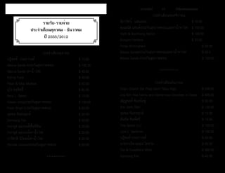 ธรรมรัตน์ Dhammaratana ธรรมรัตน์ Dhammaratana33
ประจำ�เดือนตุลาคม
ปฏิพงศ์ ประภาวงศ์					 $ 10.00
Manus Sands (ประกันสุขภาพพระ)			 $ 100.00
Manus Sands (ค่าน้ำ�-ไฟ)				 $ 40.00
Kitima Frank						 $ 40.00
Peter & Moo Michael					 $ 50.00
อุไร ตะสิทธิ์						 $ 65.00
Amy L. Bartoli						 $ 10.00
Vilavan Vong(ประกันสุขภาพพระ)			 $ 100.00
Preet Singh (ประกันสุขภาพพระ)			 $ 50.00
จุมพล จันทรคุปต์					 $ 20.00
Somsong Fox						 $ 50.00
กนกนุช อมรวงศ์(ซื้อที่ดิน)				 $ 20.00
กนกนุช อมรวงศ์(ค่าน้ำ�-ไฟ)				 $ 20.00
ปาริชาติ นิโคลส์(ค่าน้ำ�-ไฟ)				 $ 20.00
Parnida Leoharol(ประกันสุขภาพพระ)			 $ 50.00
***********
ประจำ�เดือนพฤศจิกายน
นิภารัตน์ แสนมอม					 $ 15.00
คุณมนัส แซนด์(ประกันสุขภาพพระและค่าน้ำ�ค่าไฟ)	 $ 150.00
Keith & Boonrieng Hamlin				 $ 100.00
Bungon Fontaine					 $ 20.00
Pimjai Birmingham						 $ 20.00
Manus Sands(ประกันสุขภาพพระและค่าน้ำ�ค่าไฟ)		 $ 50.0
Manus Sands (ประกันสุขภาพพระ)				 $ 100.00
***********
ประจำ�เดือนธันวาคม
Cham Chamh Dat Phap Danh Thieu Higo			 $ 200.00
Lng Kim Hoa Family and Vietnamese Devotees in Dallas	 $ 400.00
ณัฎฐพงศ์ จันทร์อยู่						 $ 30.00
Kim Vann Ram							 $ 120.00
จุมพล จันทรคุปต์						 $ 10.00
สันทัด พิมพ์ศรี							 $ 10.00
Thai Spoon LLC						 $ 100.00
Julie L. Sackman						 $ 100.00
ปฏิพงศ์ ประภาวงศ์						 $ 40.00
นายจาเร็ต-นฤมล โคซาน					 $ 40.00
Tae & Suwattana Miller					 $ 300.00
Somsong Fox							 $ 40.00
รายรับ-รายจ่าย
ประจำ�เดือนตุลาคม - ธันวาคม
ปี 2555/2012
 