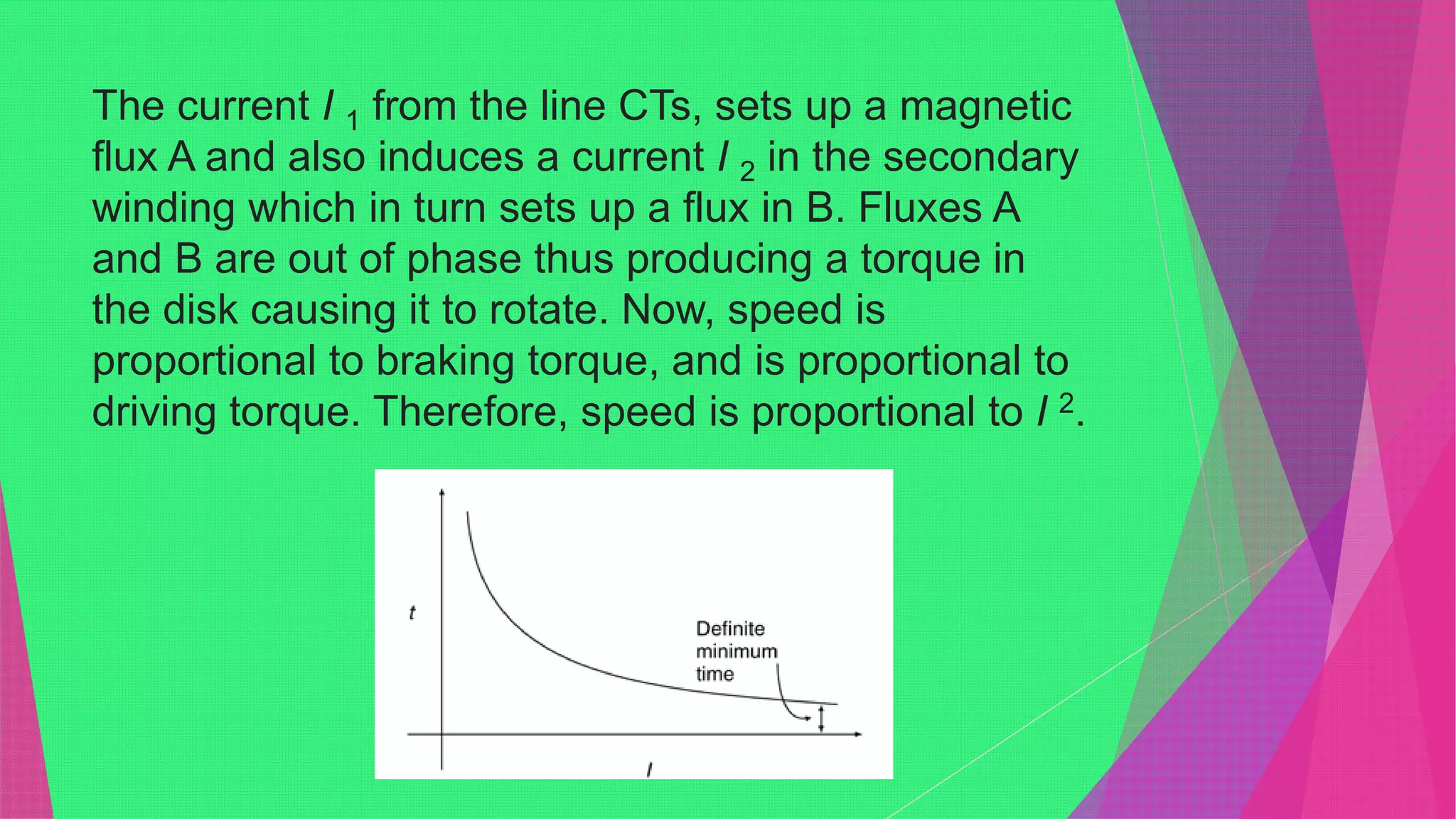 The current I 1 from the line CTs, sets up a magnetic
flux A and also induces a current I 2 in the secondary
winding which in turn sets up a flux in B. Fluxes A
and B are out of phase thus producing a torque in
the disk causing it to rotate. Now, speed is
proportional to braking torque, and is proportional to
driving torque. Therefore, speed is proportional to I 2.
 