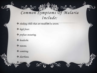 Common Symptoms Of Malaria
Include:
 shaking chills that are moderate to severe.
 high fever.
 profuse sweating.
 headache.
 nausea.
 vomiting.
 diarrhoea.
 anemia.
 