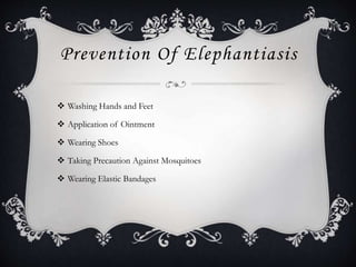 Prevention Of Elephantiasis
 Washing Hands and Feet
 Application of Ointment
 Wearing Shoes
 Taking Precaution Against Mosquitoes
 Wearing Elastic Bandages
 